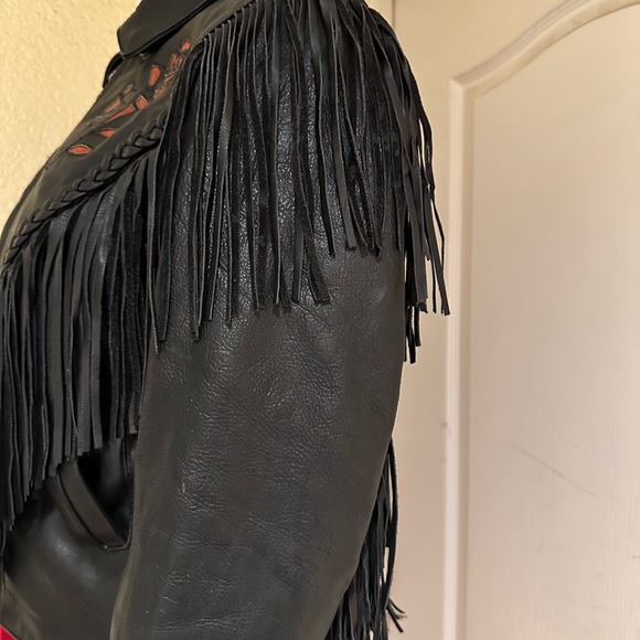 Black Fringe Leather Biker Jacket with Cut Out Rose Details - Picture 10 of 16